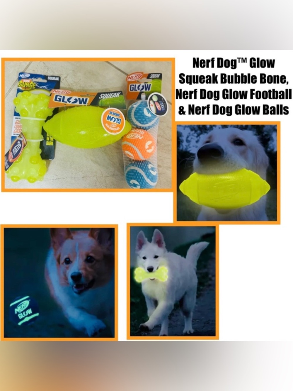 Nerf Dog™ Glow Squeak Bubble Bone, Nerf Dog Glow Football & Nerf Dog Glow Balls